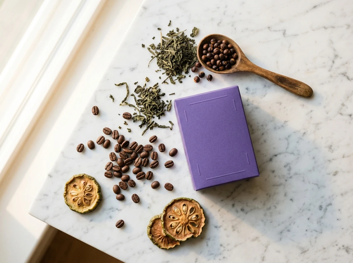 Green coffee bean extract benefits - flat-lay of botanical ingredients including coffee beans, green tea and guarana